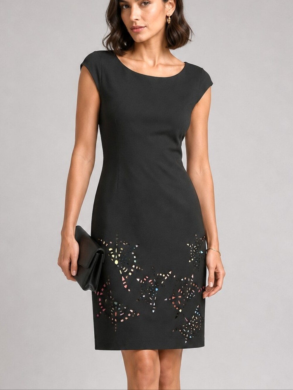 Joseph Ribkoff Black Laser Cut Dress Multi-color Lining Sleeveless